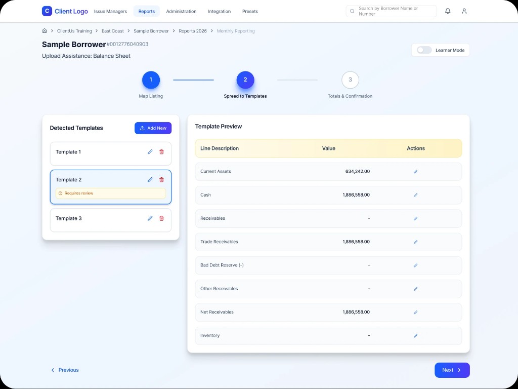 Spread to Templates workflow — detected templates and template preview interface