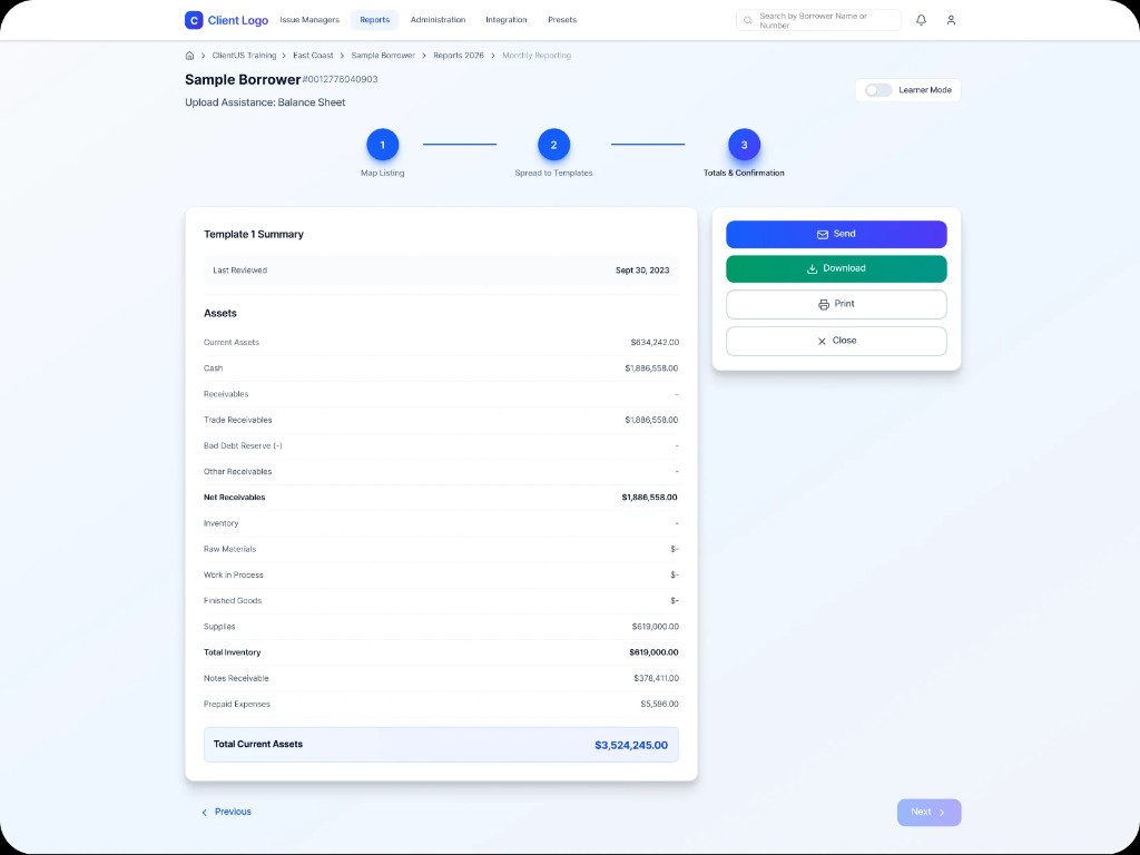 Totals and Confirmation step — template summary and action sidebar