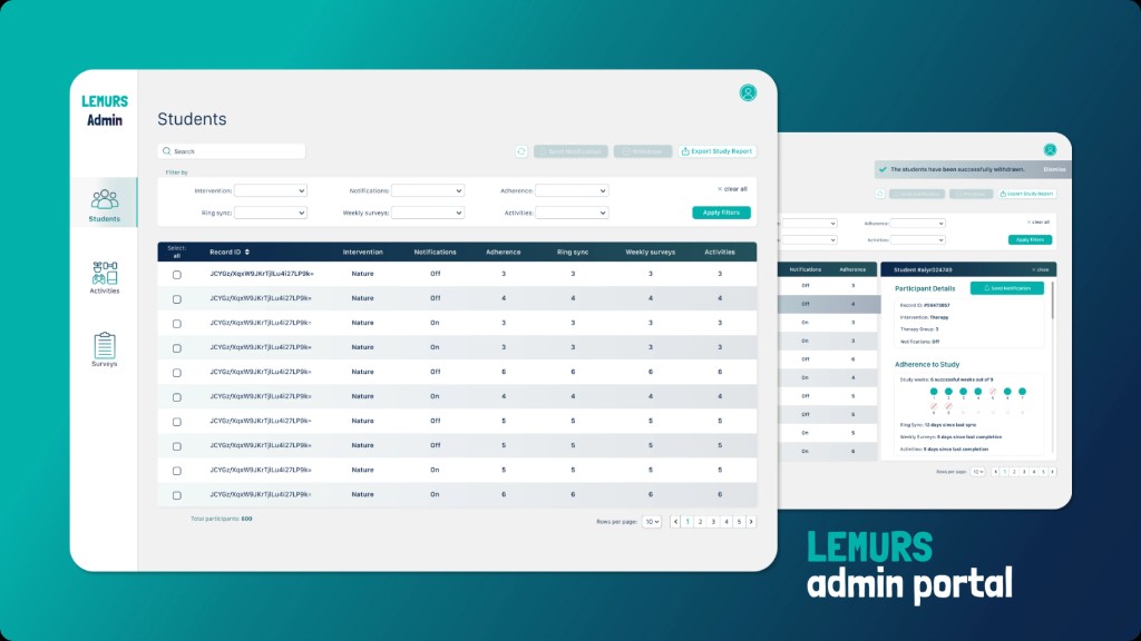 LEMURS admin portal — researchers' dashboard with cohort management and participant data