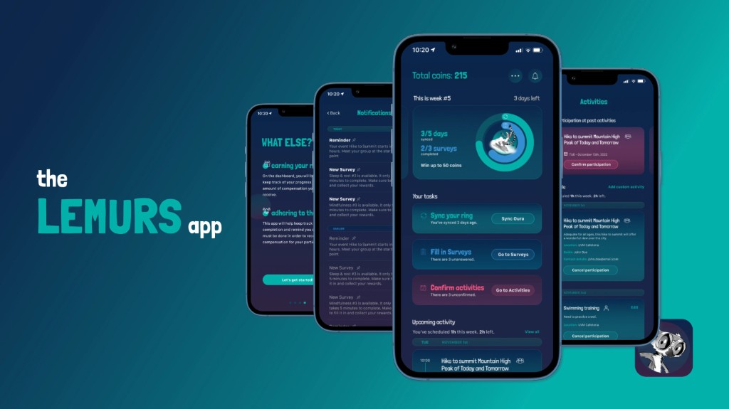 The LEMURS app — student-facing mobile interface with tasks, progress, and activity tracking