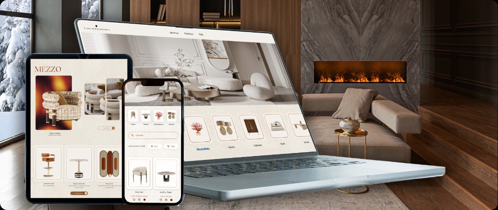 Luxury furniture e-store shown on laptop, tablet, and smartphone