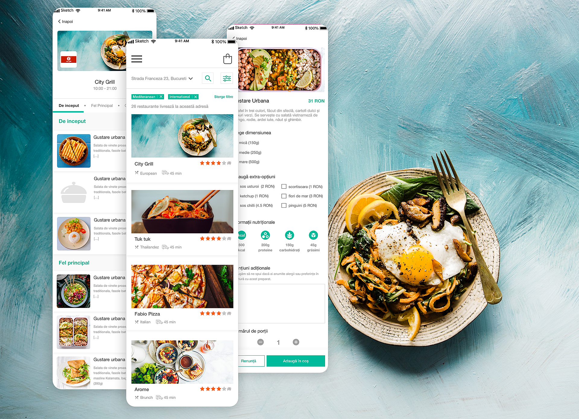 Casarola mobile app — food delivery UI alongside product photography