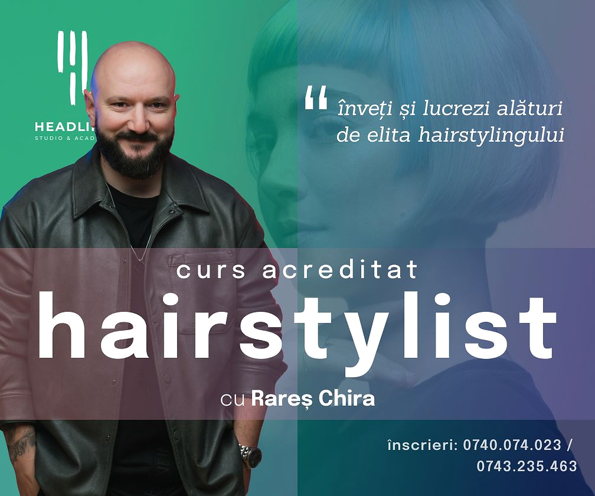 Headline Studio social ad — accredited hairstylist course with Rareș Chira