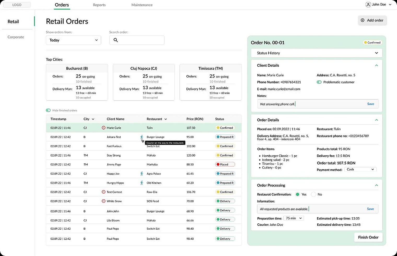 Admin dashboard wireframe — Retail Orders view with order table and detail panel