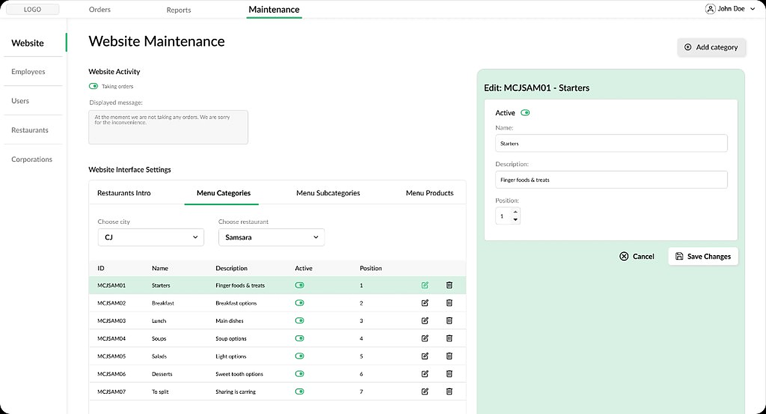 Admin dashboard wireframe — Website Maintenance with category management and edit panel