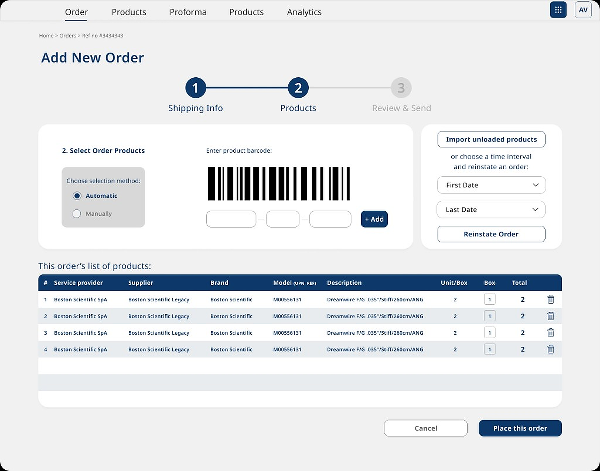 Add New Order wireframe — Step 2: Products selection with barcode entry, import options, and order list table