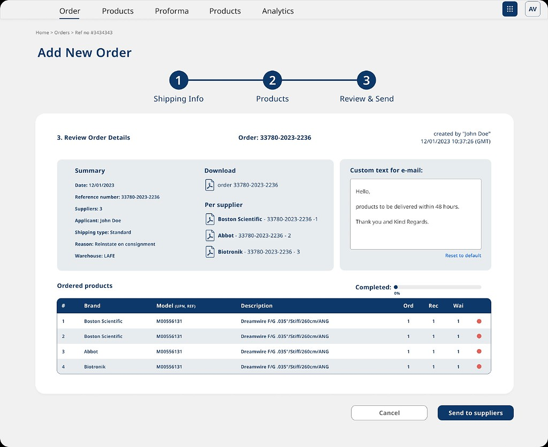 Add New Order wireframe — Step 3: Review order details with summary, custom email text, and send to suppliers