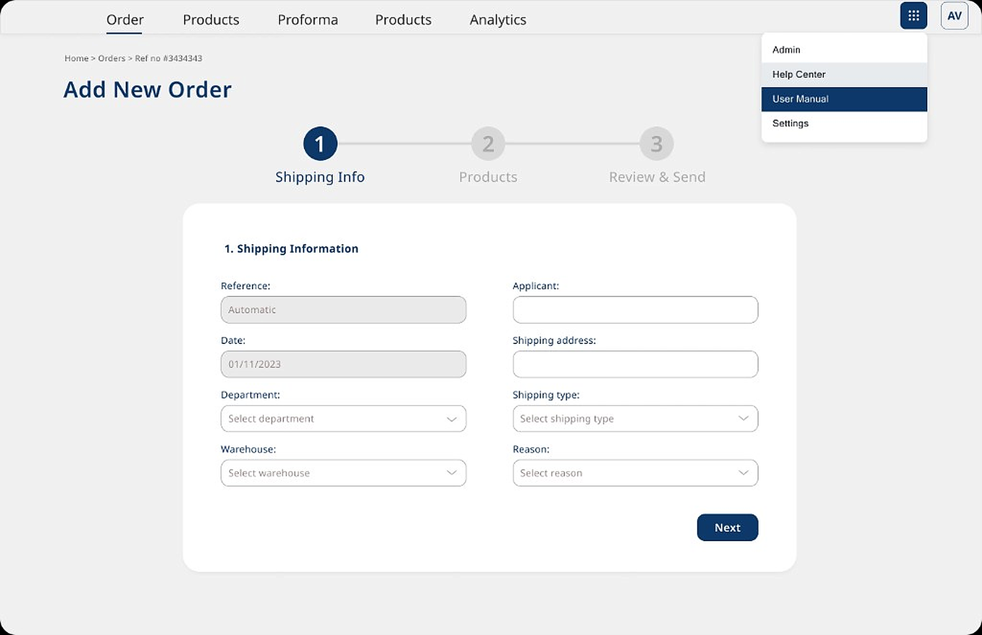 Add New Order wireframe — Step 1: Shipping Information form with department, warehouse, and shipping details