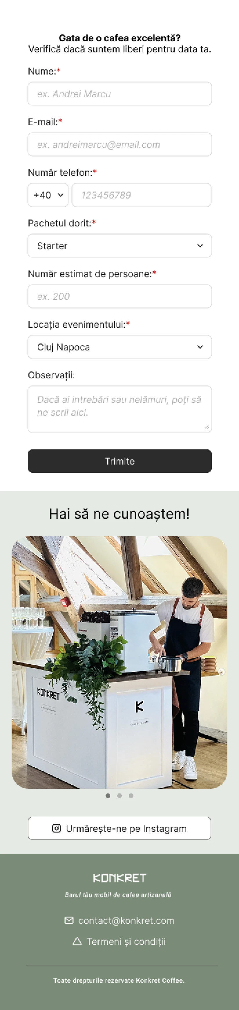 Rent a Barista mobile wireframe — lead form, showcase, and footer