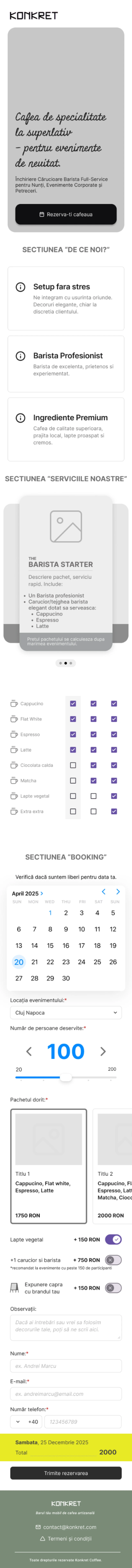 Rent a Barista mobile wireframe — hero, services, package selection, and booking flow